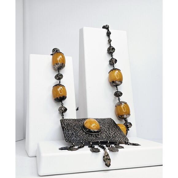Vintage Hand Made 925 Sterling Silver & Yellow Stone Giant Necklace